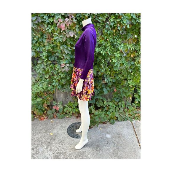 60s Scooter Dress Royal Purple Satin & Multicolor Floral Velvet Drop Waist Sm - Picture 5 of 16